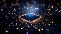 Futuristic microprocessor chip with glowing circuits and golden light trails on dark blue background. Technology concept for AI, computing, and digital innovation.