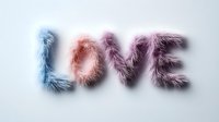 Fluffy pastel text spelling LOVE with furry texture effect on light background, romantic typography design for valentines cards and wedding invitations.