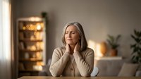 Middle-aged Caucasian woman practicing mindfulness meditation at home, eyes closed in peaceful relaxation. Stress relief and mental wellness concept.
