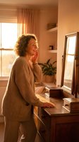 Middle-aged Caucasian woman with curly hair smiling while applying skincare cream in warm sunlit bathroom. Morning self-care routine and wellness concept.