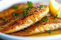 Pan seared fish fillets with golden brown crust garnished with fresh parsley and lemon wedge on white plate in butter sauce, close up view of seafood dinner.