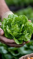 Fresh green butterhead lettuce held in farmer's soil-stained hands, showing organic harvest with water droplets on crisp leaves against blurred garden background.