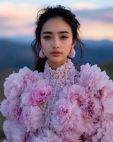 Young Asian woman with pink carnations and floral earrings against sunset mountain backdrop, soft natural lighting creates dreamy romantic mood for fashion and lifestyle content.