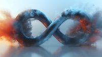 Infinity symbol with dramatic smoke effect in blue and orange colors against light background, representing endless possibilities and continuous motion.