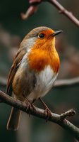 Close-up portrait of European robin with vibrant orange breast perched on bare branch against dark green blurred background, perfect for wildlife publications.