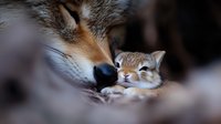 Mother cat gently nuzzling and grooming her small kitten in soft focus. Close-up portrait showing tender maternal care and bonding moment between feline parent and baby.