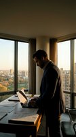 Professional businessman working on laptop in modern office with city skyline view during golden hour sunset creating warm atmospheric lighting.