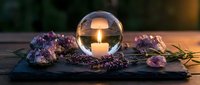 Glowing candle reflected in a crystal ball surrounded by amethyst crystals and lavender on a dark slate surface at dusk.