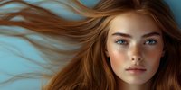 Young woman with flowing red hair and freckles against turquoise background, natural makeup and piercing blue eyes looking directly at camera in artistic portrait.