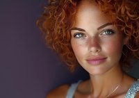 Young woman with natural red curly hair, bright blue eyes and freckles looking at camera with gentle smile against dark background. Beauty portrait.