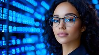 Young mixed-race businesswoman with curly hair and glasses against blue digital background, confident expression, professional corporate portrait for technology sector.