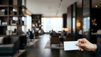Contemporary office professional holding blank business card in modern corporate workspace with natural lighting and contemporary furniture.