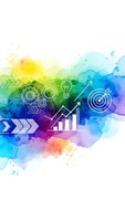 Colorful watercolor splash with business icons, growth chart, gears, lightbulb and target symbols for corporate strategy presentations and marketing materials.