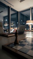 Chess piece on board in modern office workspace with city lights at night, laptop and desk lamp visible, suitable for business strategy and corporate planning concepts.