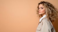 Young woman with wavy blonde hair wearing a beige blazer over white shirt, posed in profile against neutral tan background for professional or fashion use.
