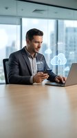 Professional businessman using smartphone and laptop with cloud computing icons in modern office environment for digital transformation concepts.