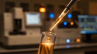 Laboratory pipette dispensing golden liquid into test tube in modern research facility with blurred equipment and colorful lights in background.