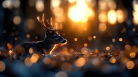 Silhouette of reindeer against golden sunset with magical bokeh lights creating dreamy atmosphere. Dark wildlife figure illuminated by warm glow for nature photography.