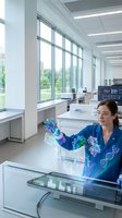 Female scientist in blue lab coat working with holographic DNA models and molecular structures in modern research laboratory with advanced technology.