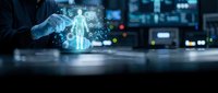 Businessman hand protecting glowing human hologram with digital network connections in modern office environment for healthcare technology concepts.