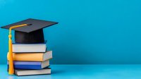 Stack of academic books with black graduation cap and yellow tassel on vibrant turquoise background with copy space. Education and academic achievement concept.