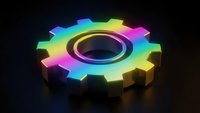 Colorful neon gear wheel with rainbow gradient glowing effect on dark background. Modern technology and engineering concept for digital design projects.