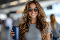Young Caucasian woman with long wavy blonde hair wearing sunglasses and grey t-shirt holds blue reusable coffee cup while smiling at airport terminal.