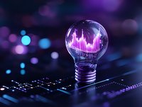 Light bulb with glowing pink sound wave visualization inside on computer keyboard, dark background with purple and blue bokeh lights creating futuristic atmosphere.
