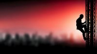 Silhouette of telecommunications worker climbing cell tower against dramatic red sunset sky for mobile network maintenance and infrastructure development.