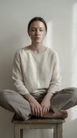 Young Caucasian woman in linen clothing sitting cross-legged on wooden stool in meditation pose with eyes closed for mindfulness and wellness concepts.