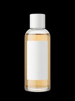 Amber liquid in clear glass bottle with white cap and blank label, isolated on transparent background. Ready for cosmetics, skincare, perfume, or essential oil product design, packaging mockups, and print-on-demand applications.
