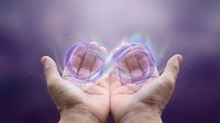 Hands holding glowing spheres with holographic light effects against purple gradient background, representing technology, innovation, and digital transformation concepts.