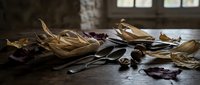 Autumn leaves scattered on rustic wooden table with vintage scissors in cozy indoor setting with natural window light for seasonal crafting projects.