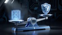 Digital security balance scale with microchip and shield hologram in futuristic tech environment for cybersecurity and data protection concepts.