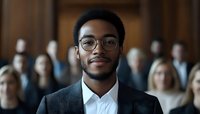 Young African American businessman in suit and glasses standing confidently in corporate boardroom with diverse team of professionals in background.