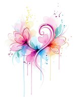 Watercolor floral design with pink heart and decorative swirls on white background for romantic greeting cards and wedding invitations.