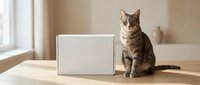 Tabby cat sitting beside a blank white cardboard box on a wooden table in a bright minimalist home interior setting.