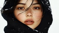Young Asian woman with freckles wearing black winter hood, wind-blown hair strands across face, natural makeup with coral lips, dramatic close-up portrait against dark background.