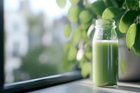 Fresh green smoothie in glass bottle on windowsill with natural sunlight and green leaves background, healthy lifestyle and detox drink concept.