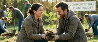Diverse volunteers planting sapling together at community tree planting event, environmental conservation and outdoor teamwork activity.