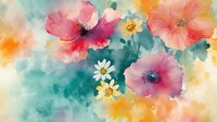 Dreamy watercolor floral composition with pink poppies and white daisies on turquoise and orange background, soft romantic artistic style for wall decor.