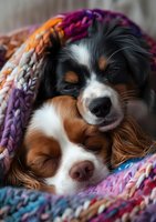 Two sleeping Cavalier King Charles Spaniels cuddled together under colorful knitted blanket, close-up portrait showing peaceful expressions and soft fur.