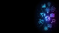 Digital technology icons floating in space with glowing blue and purple neon effects on dark background for business presentations and tech concepts.