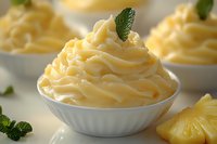 Creamy pineapple whipped dessert topped with fresh mint leaves in white ceramic bowl, soft focus close-up with tropical fruit slice garnish.