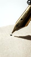 Golden fountain pen nib with ink drop on textured paper surface, close-up macro shot for writing, calligraphy, and literary content creation.
