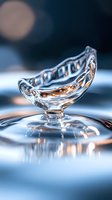 Elegant water drop crown formation captured in high-speed macro photography against blue background with golden light reflections creating artistic fluid sculpture.