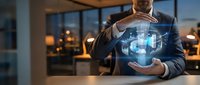 Professional businessman in suit holding glowing digital holographic shield symbol representing cybersecurity and data protection in modern office environment.