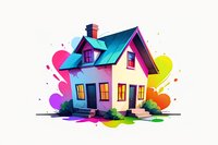Colorful cartoon house with vibrant rainbow splash background, glowing windows and cozy cottage design on white isolated background for real estate and home decor projects.