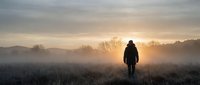 Silhouette of lone hiker walking through misty field at golden sunrise with mountains in background. Peaceful morning landscape for outdoor adventure concepts.