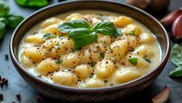 Creamy potato gnocchi in rich cheese sauce garnished with fresh basil leaves and black pepper, served in rustic ceramic bowl against dark background.